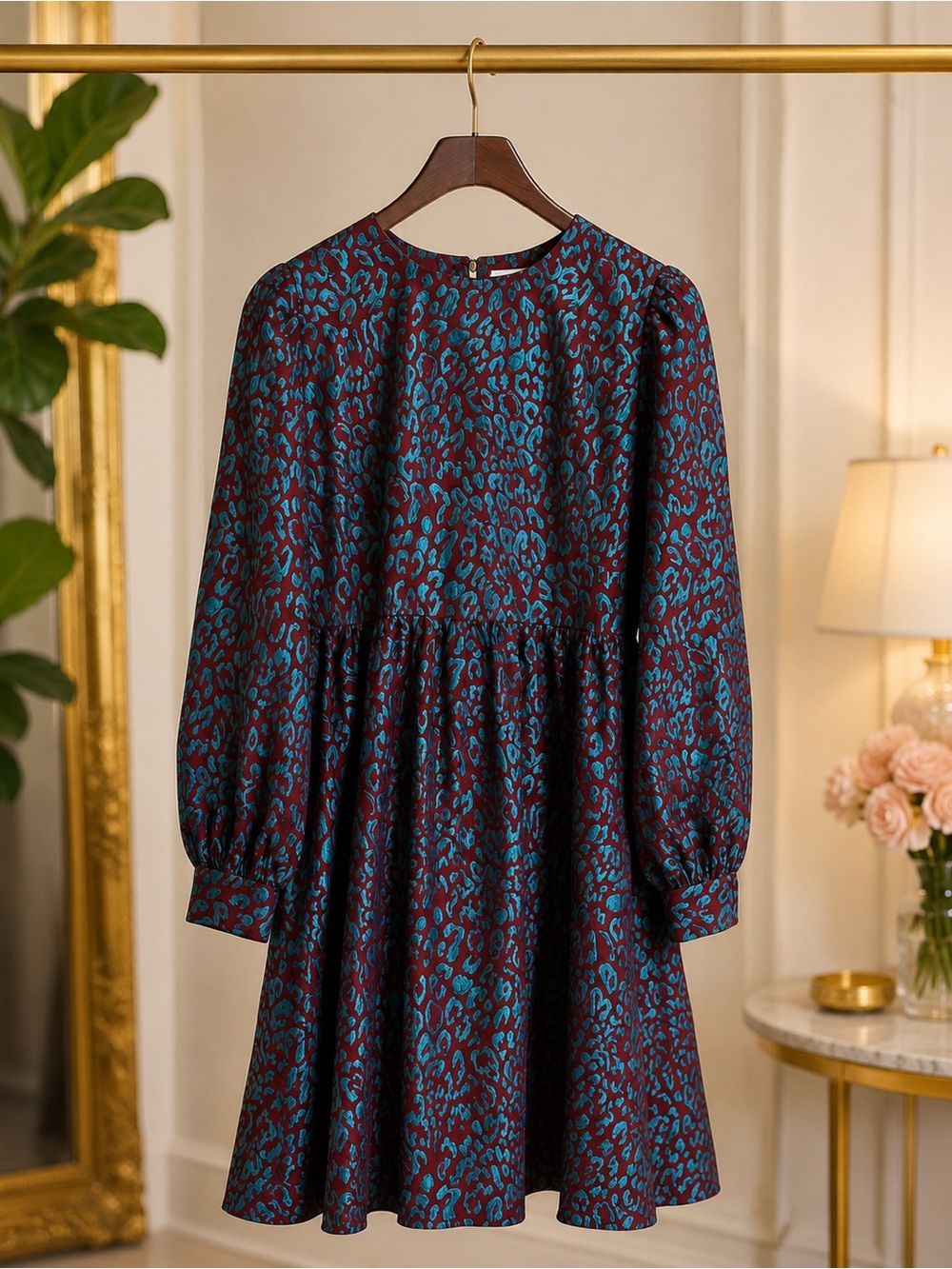 Halogen x Atlantic-Pacific XS Leopard Jacquard Fit Flare Dress Teal Burgundy